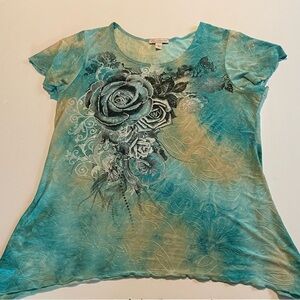 CJ Banks Turquoise and Sage Floral Short Sleeve Tee